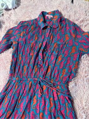 Lilly Pulitzer Pink & Teal Seahorse Print Belted Midi Dress